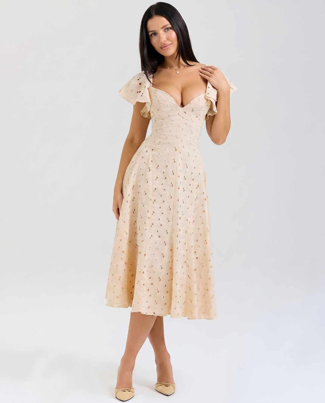 Austen | Floral Midi Dress with Broderie and Butterfly Sleeves