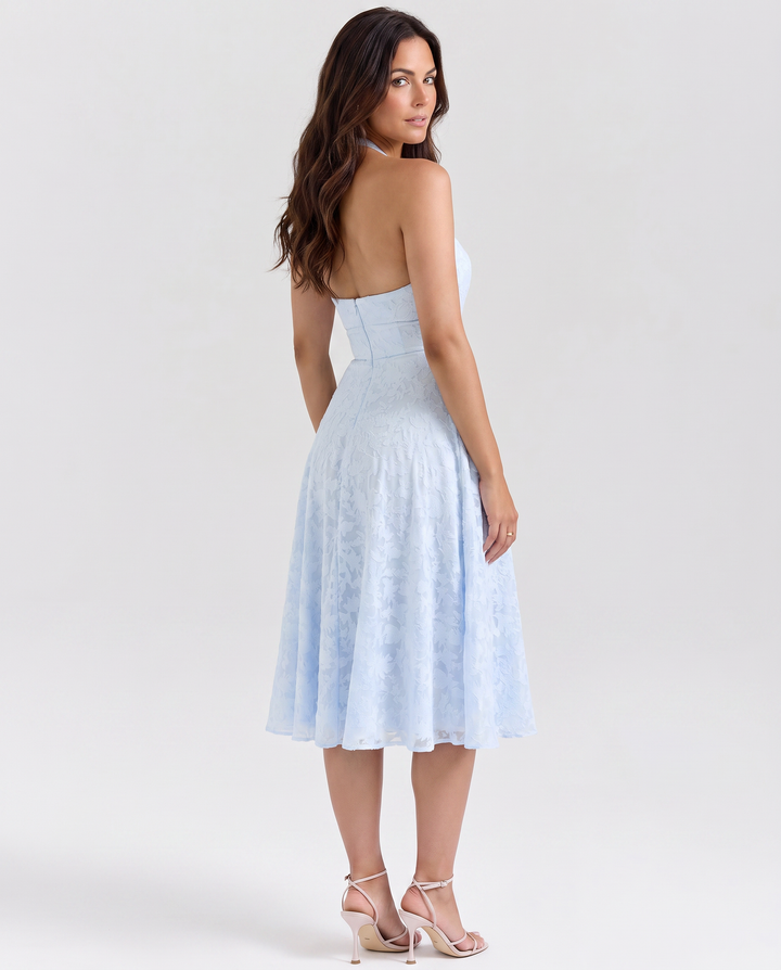 Ava | Midi Dress with Floral Jacquard and Halter Neck