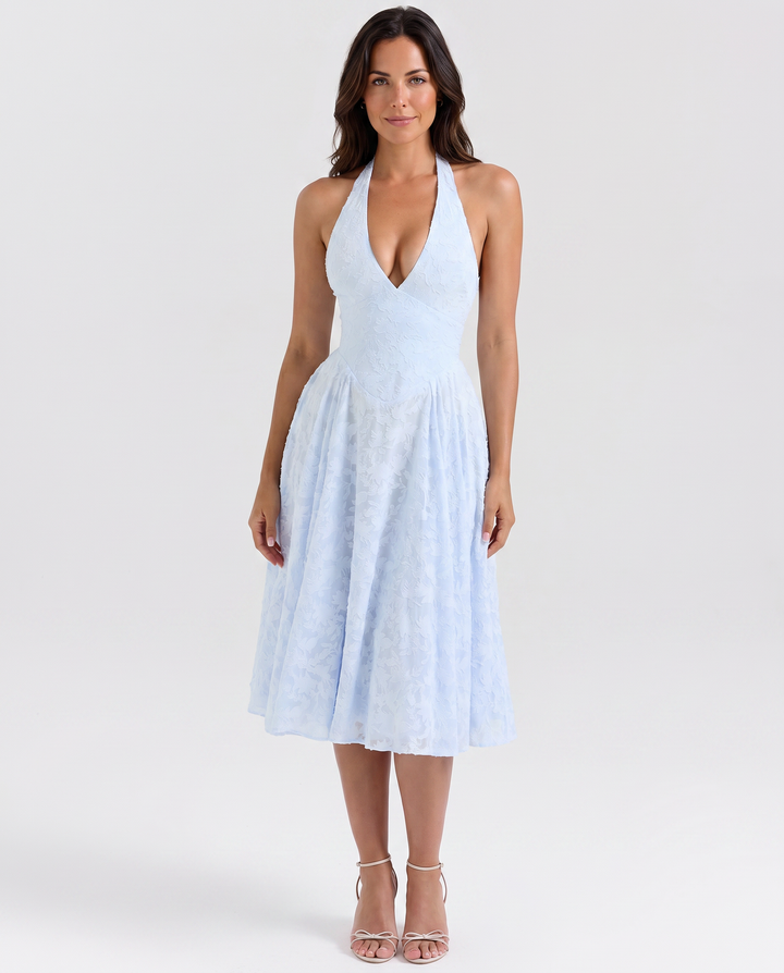 Ava | Midi Dress with Floral Jacquard and Halter Neck