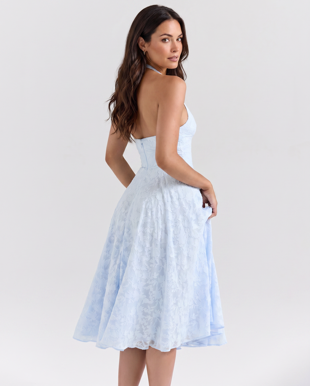 Ava | Midi Dress with Floral Jacquard and Halter Neck