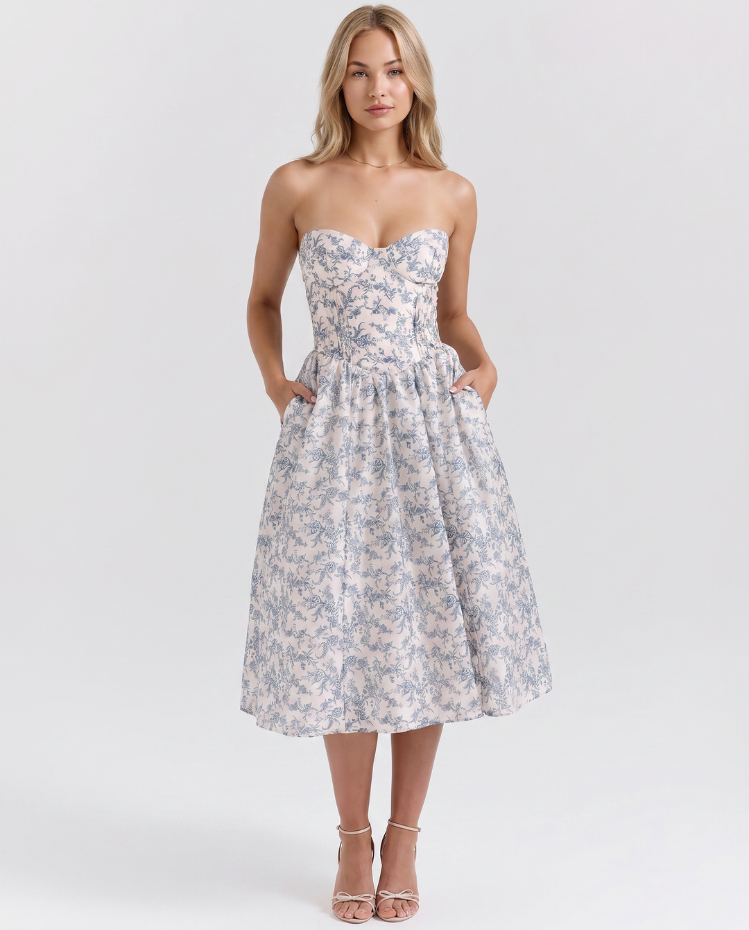 Claudia | Strapless Midi Dress with Corset Bodice
