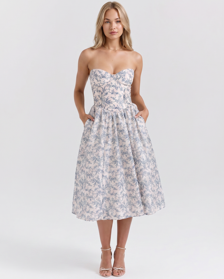 Claudia | Strapless Midi Dress with Corset Bodice