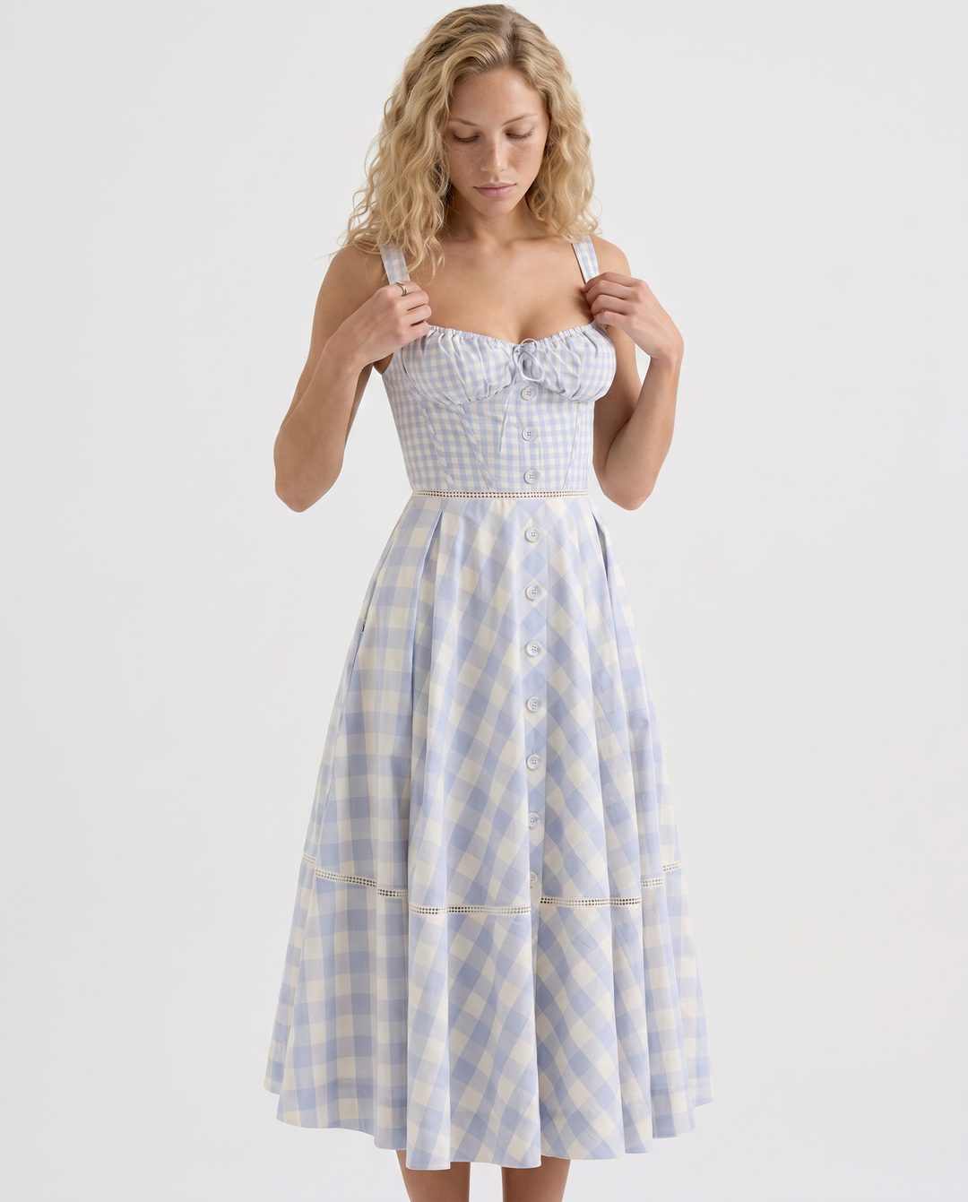 Coco | Gingham Midi Dress with Lace-Up Back