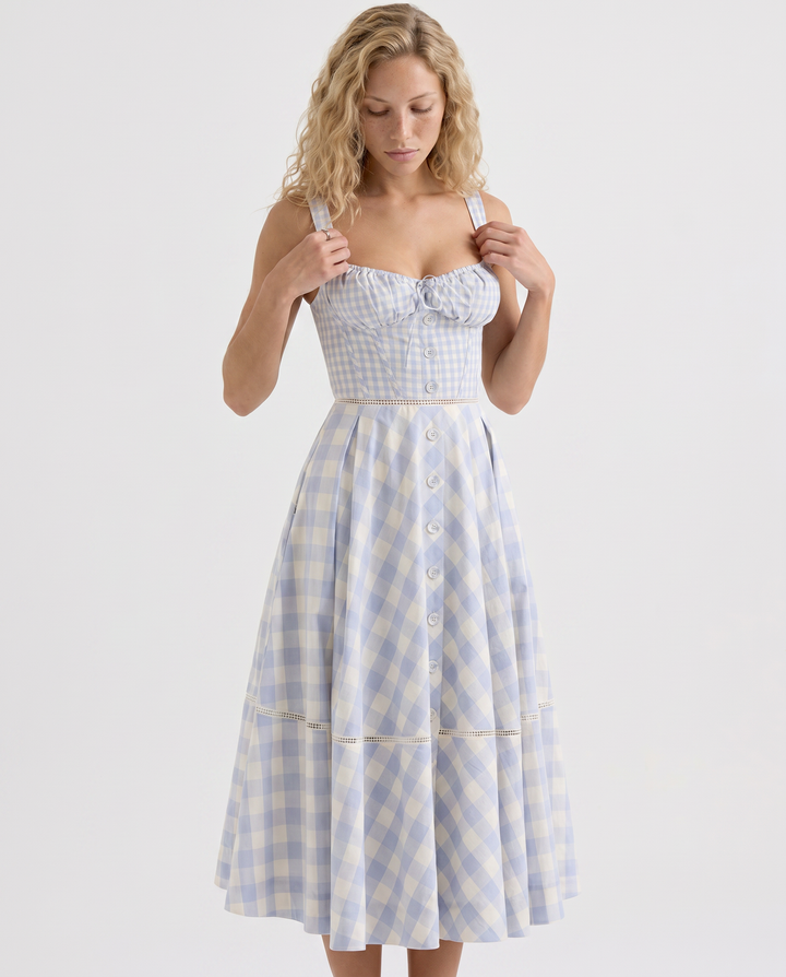 Coco | Gingham Midi Dress with Lace-Up Back