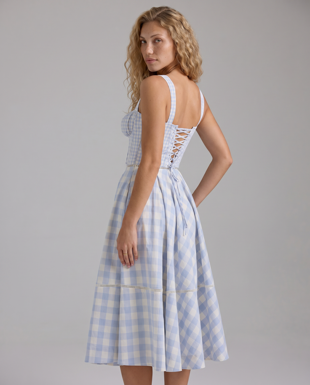 Coco | Gingham Midi Dress with Lace-Up Back