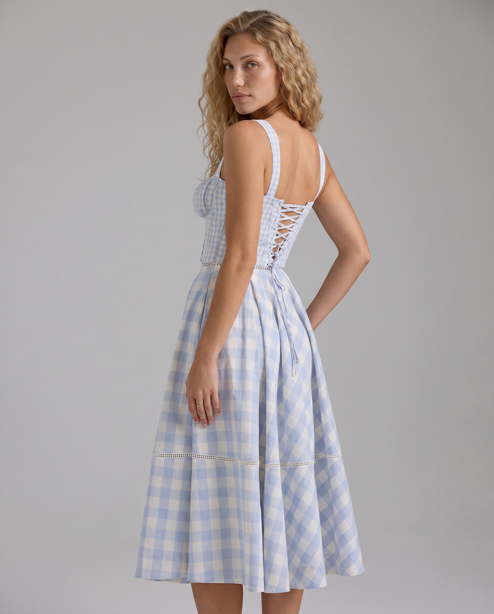 Coco | Gingham Midi Dress with Lace-Up Back