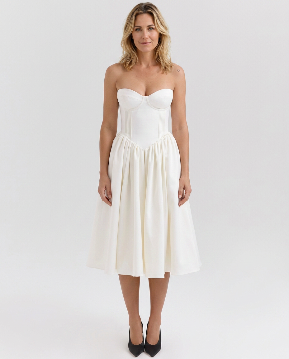 Tara | Strapless Midi Dress with Corset Bodice