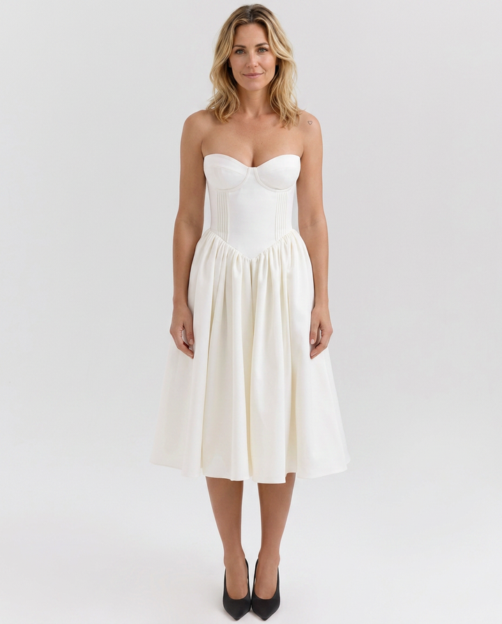 Tara | Strapless Midi Dress with Corset Bodice