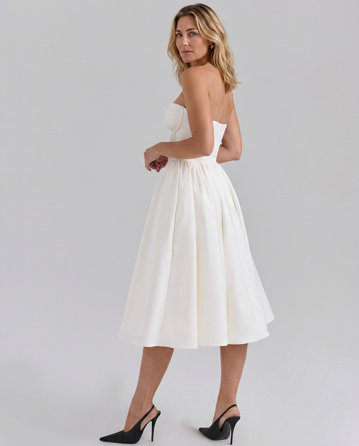 Tara | Strapless Midi Dress with Corset Bodice