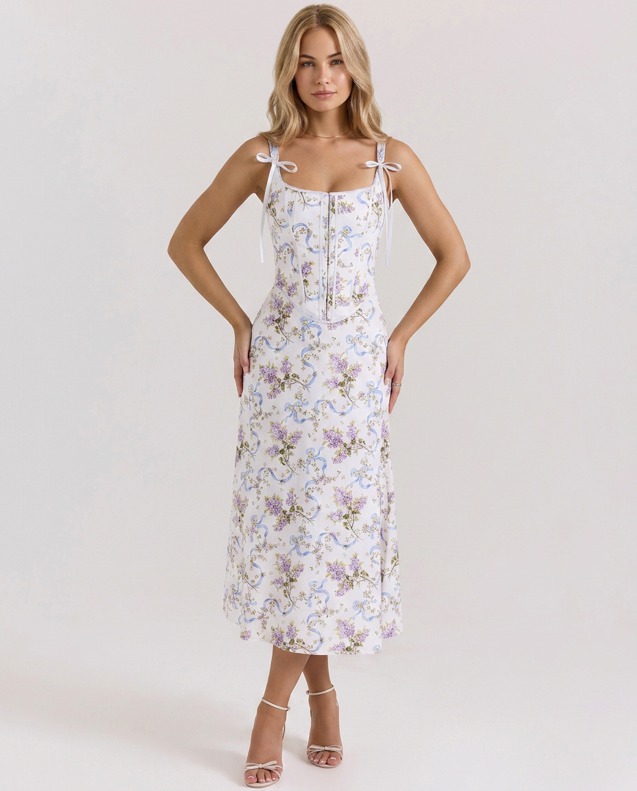 Cathy | Floral Midi Dress with Lace-Up Back