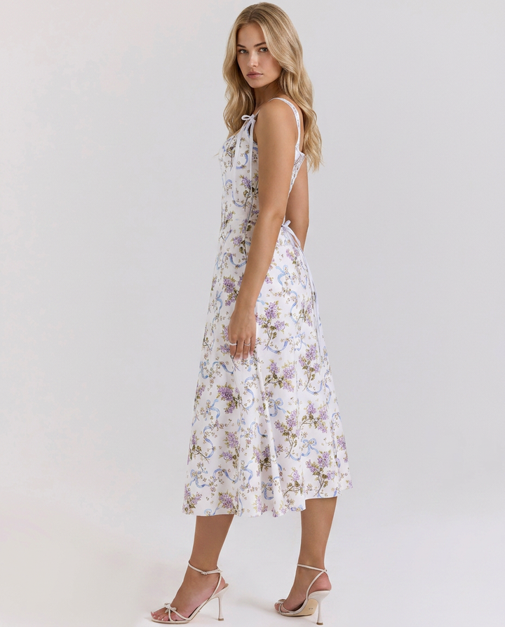 Cathy | Floral Midi Dress with Lace-Up Back
