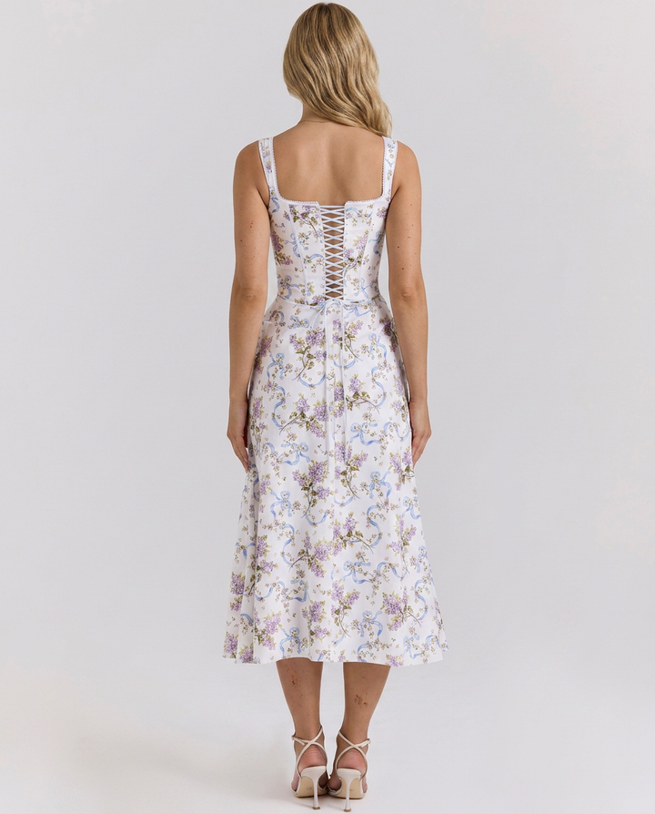 Cathy | Floral Midi Dress with Lace-Up Back