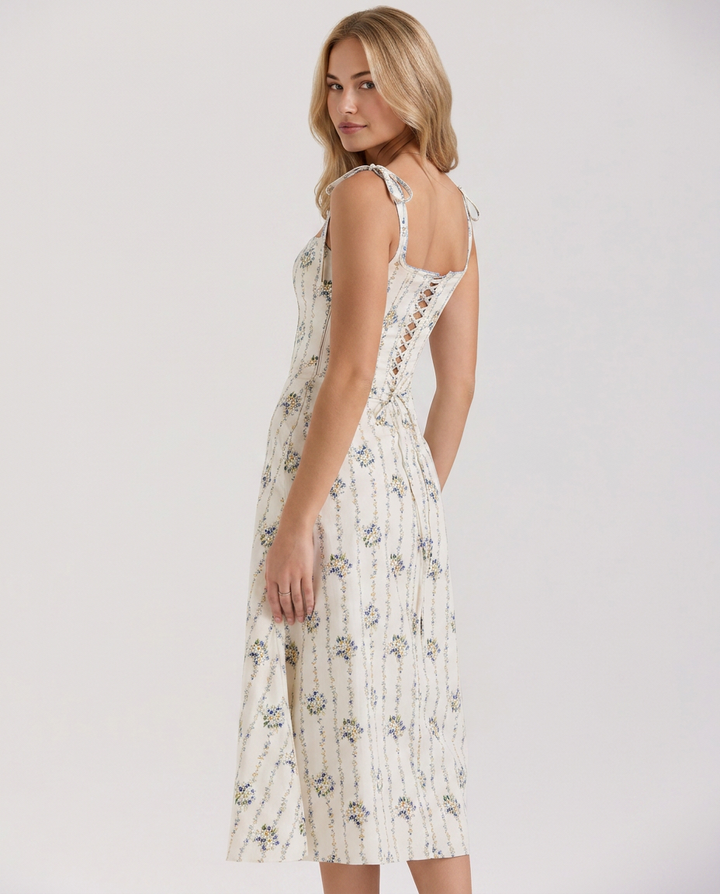 Cathy | Floral Midi Dress with Lace-Up Back