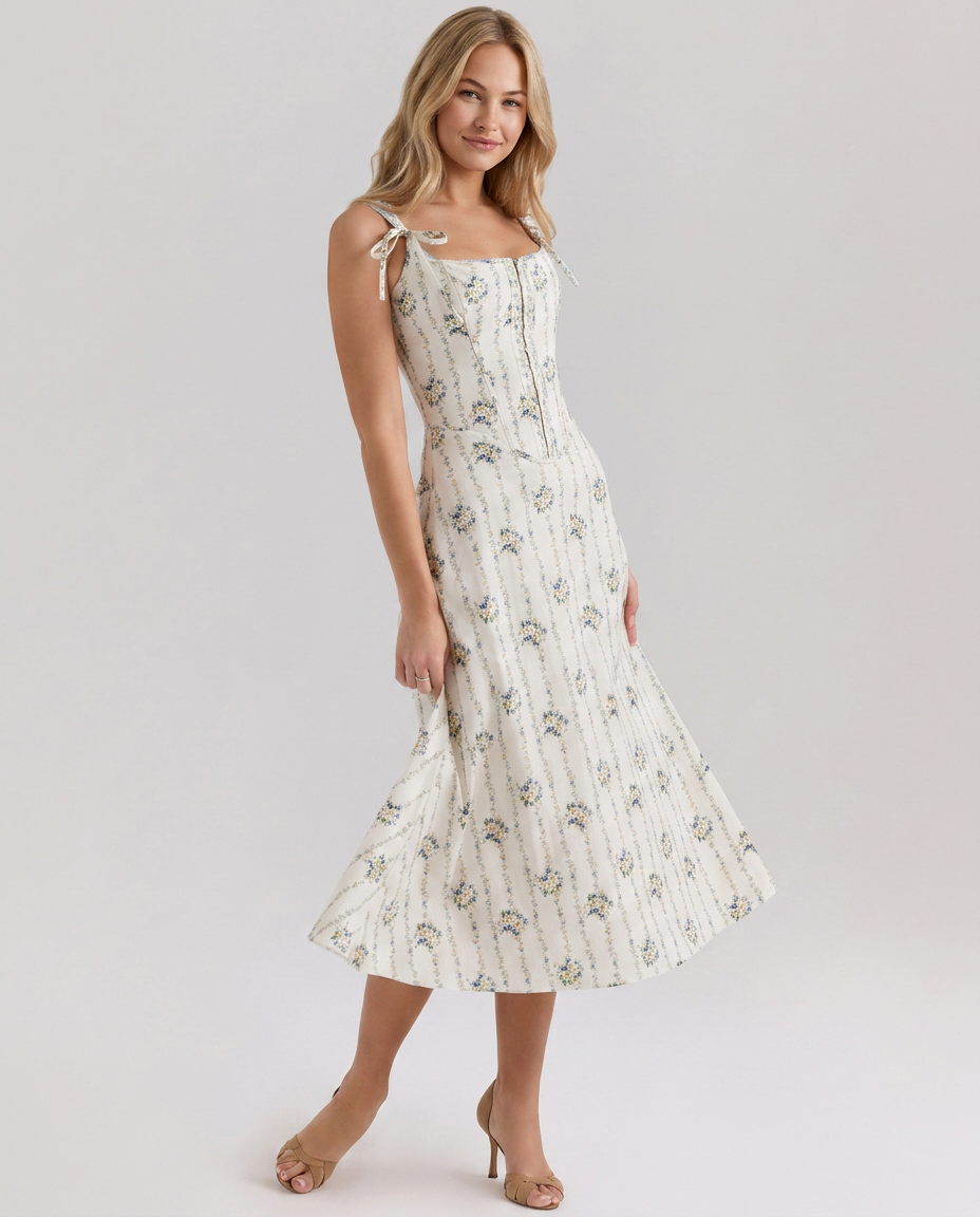 Cathy | Floral Midi Dress with Lace-Up Back
