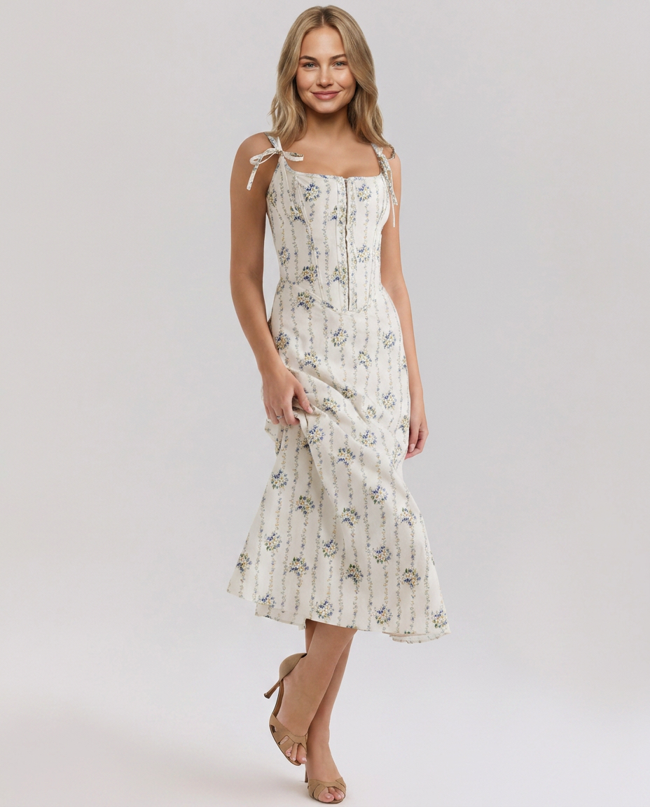 Cathy | Floral Midi Dress with Lace-Up Back