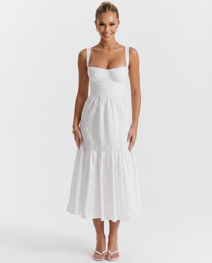 Tanya | Broderie Anglaise Midi Sundress with Tiered Skirt
