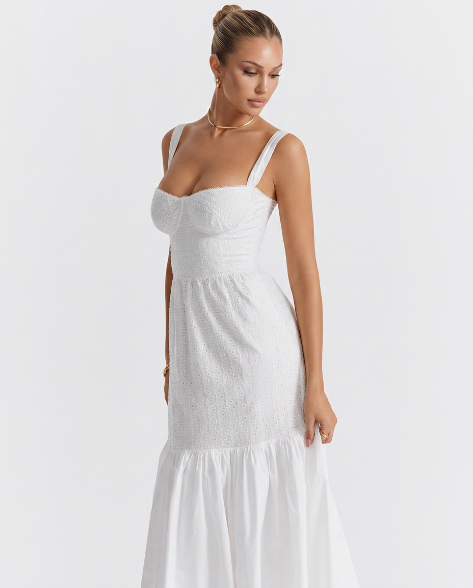 Tanya | Broderie Anglaise Midi Sundress with Tiered Skirt