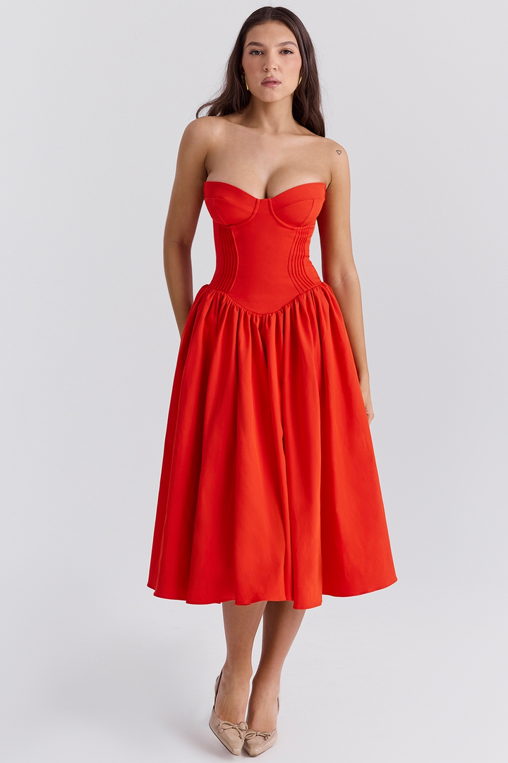 Laurie | Strapless Midi Dress with Corset Bodice
