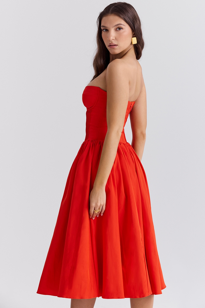 Laurie | Strapless Midi Dress with Corset Bodice