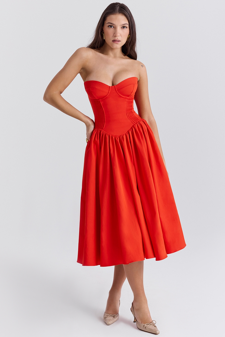 Laurie | Strapless Midi Dress with Corset Bodice