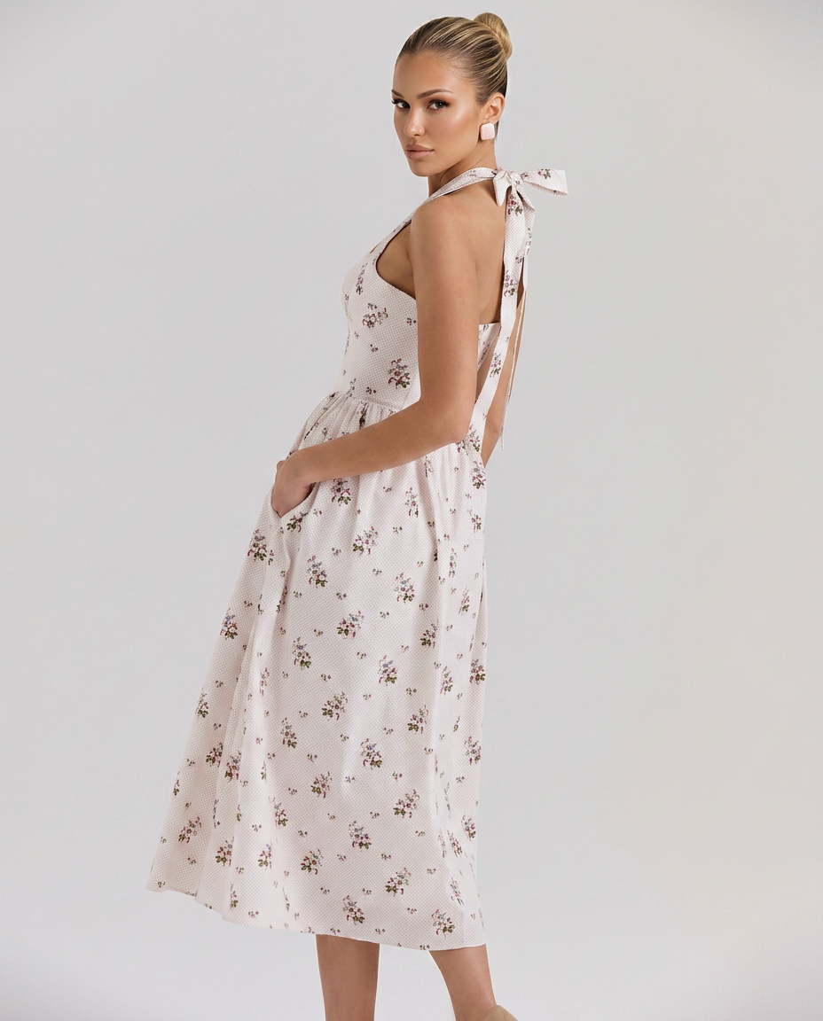 Aimee | Halter Neck Midi Dress with Lace-Up Bodice