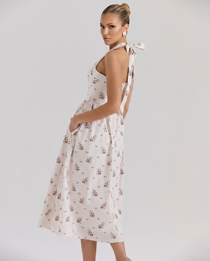 Aimee | Halter Neck Midi Dress with Lace-Up Bodice