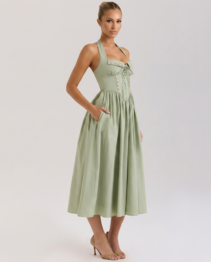 Aimee | Halter Neck Midi Dress with Lace-Up Bodice
