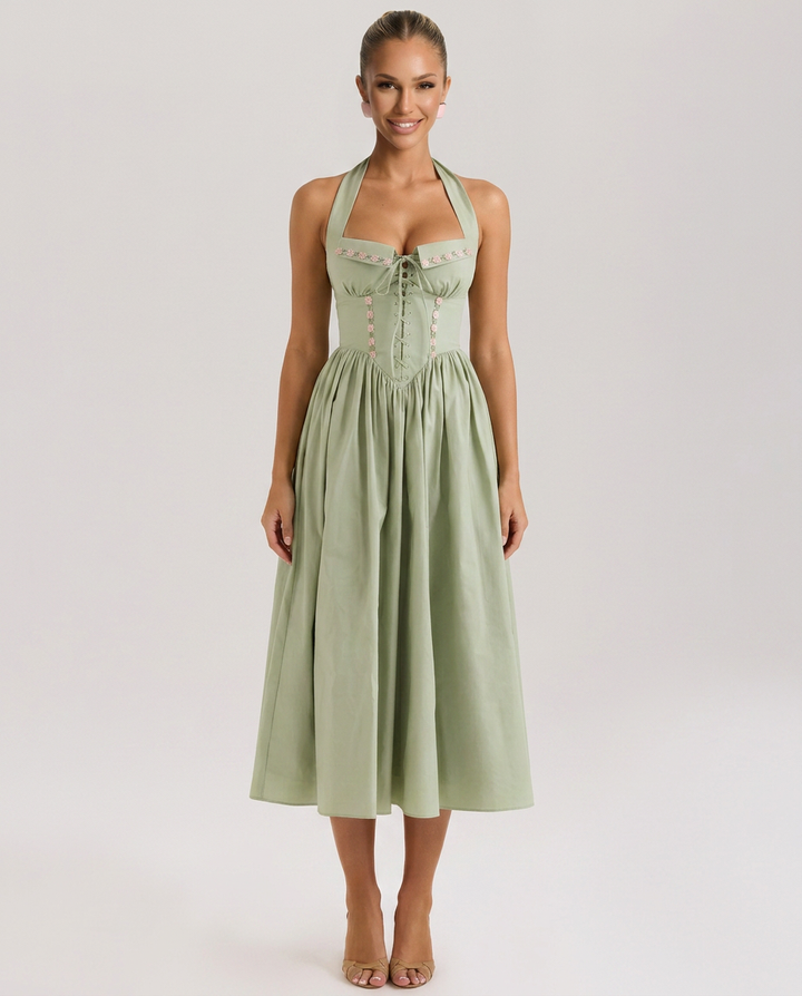Aimee | Halter Neck Midi Dress with Lace-Up Bodice
