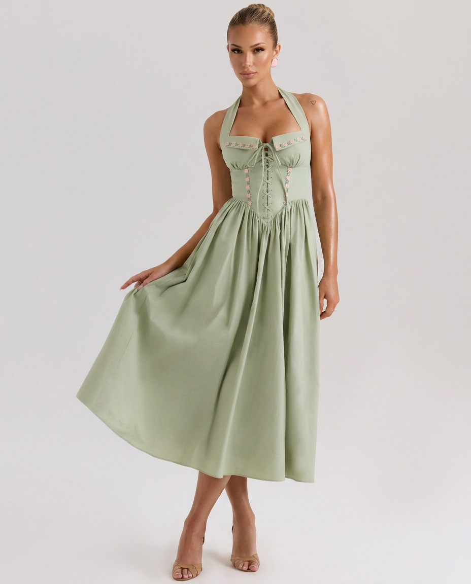 Aimee | Halter Neck Midi Dress with Lace-Up Bodice