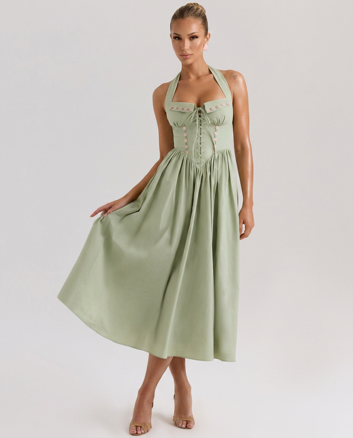 Aimee | Halter Neck Midi Dress with Lace-Up Bodice