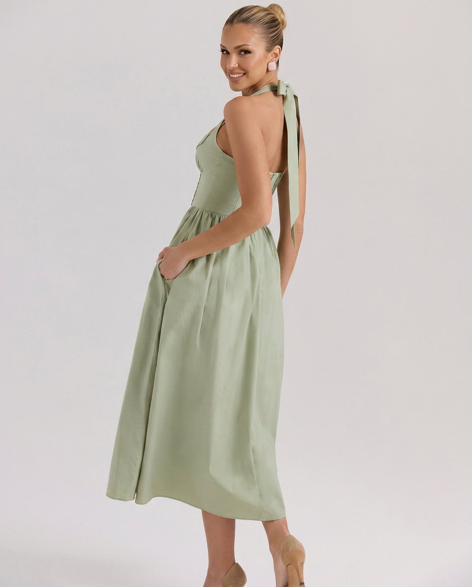 Aimee | Halter Neck Midi Dress with Lace-Up Bodice