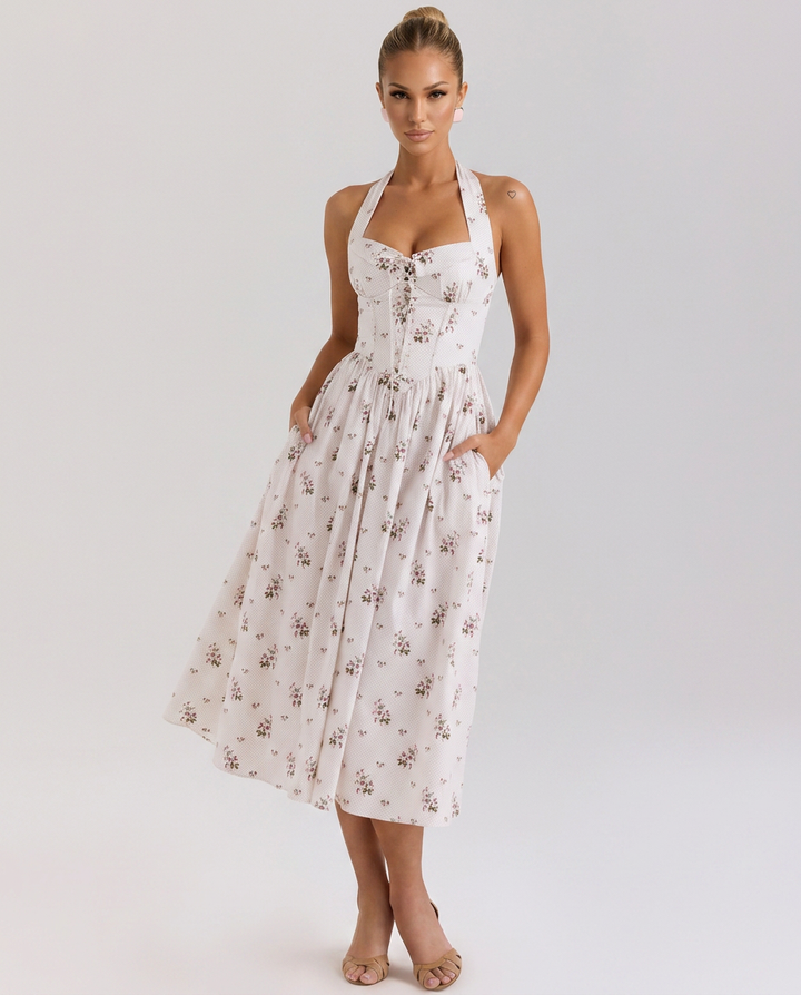 Aimee | Halter Neck Midi Dress with Lace-Up Bodice