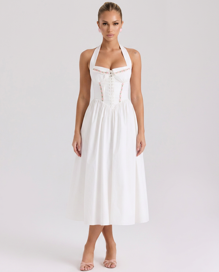 Aimee | Halter Neck Midi Dress with Lace-Up Bodice