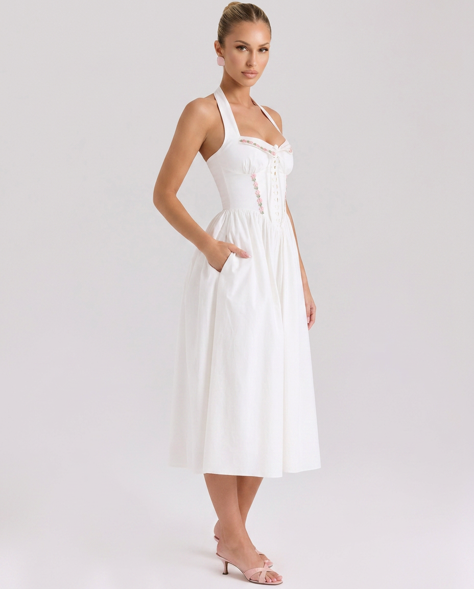 Aimee | Halter Neck Midi Dress with Lace-Up Bodice