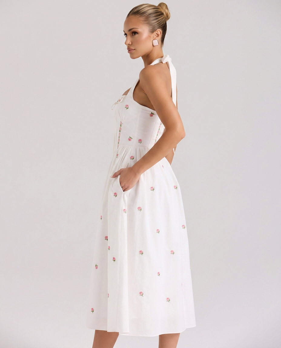 Aimee | Halter Neck Midi Dress with Lace-Up Bodice