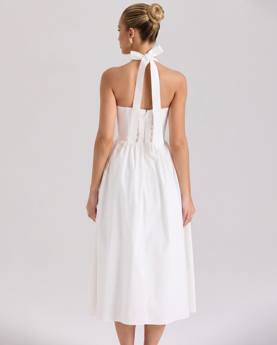 Aimee | Halter Neck Midi Dress with Lace-Up Bodice