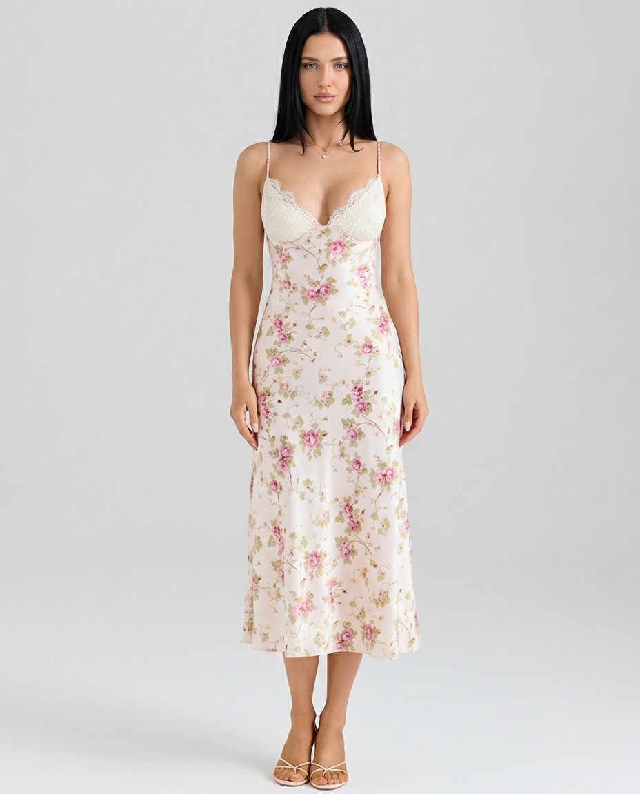 Hollie | Bias Cut Midi Dress with Lace Bust