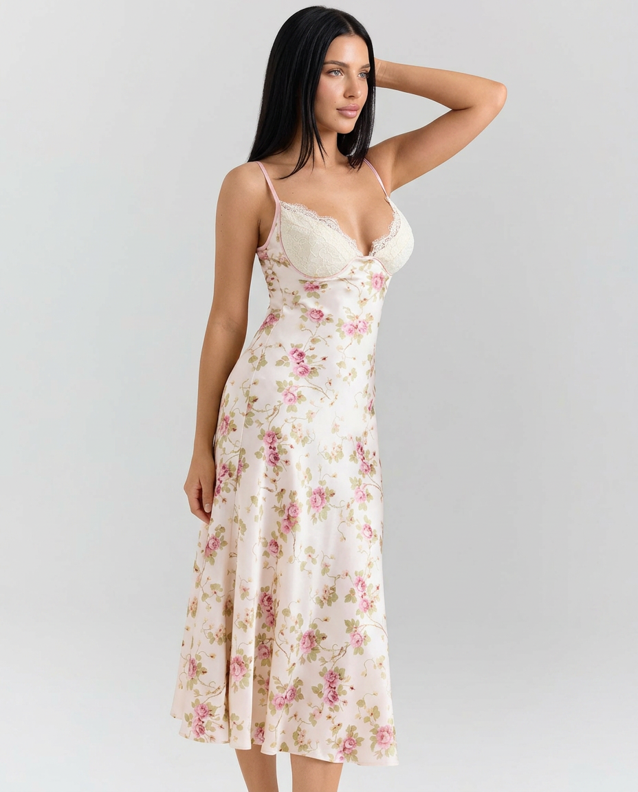 Hollie | Bias Cut Midi Dress with Lace Bust