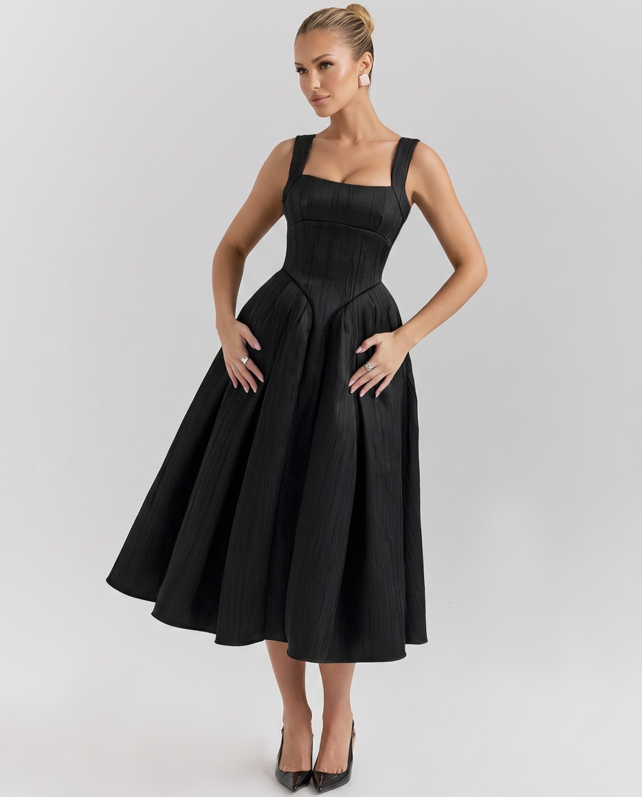 Patsy | Satin-Look Corset Midi Dress with Pleated Skirt