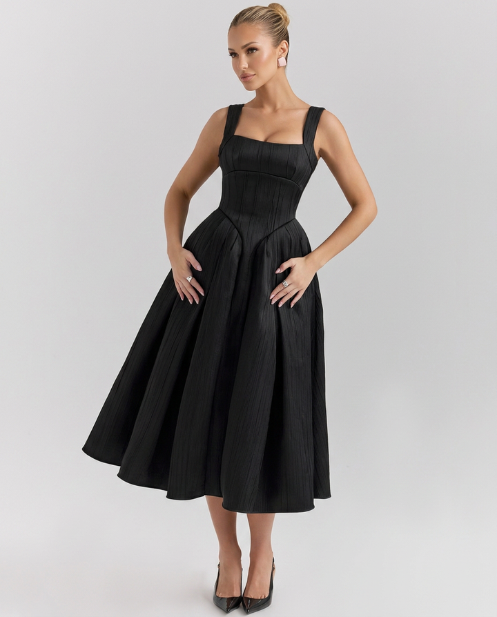 Patsy | Satin-Look Corset Midi Dress with Pleated Skirt