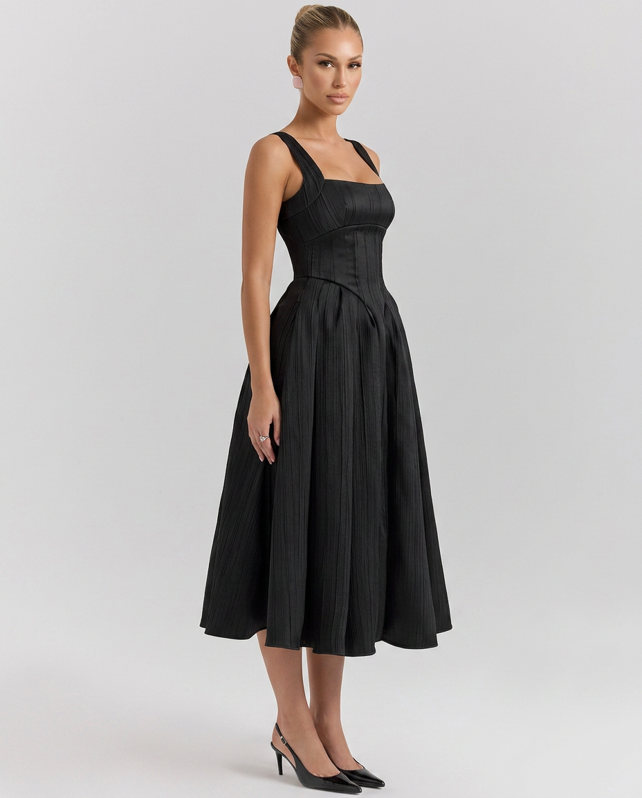 Patsy | Satin-Look Corset Midi Dress with Pleated Skirt