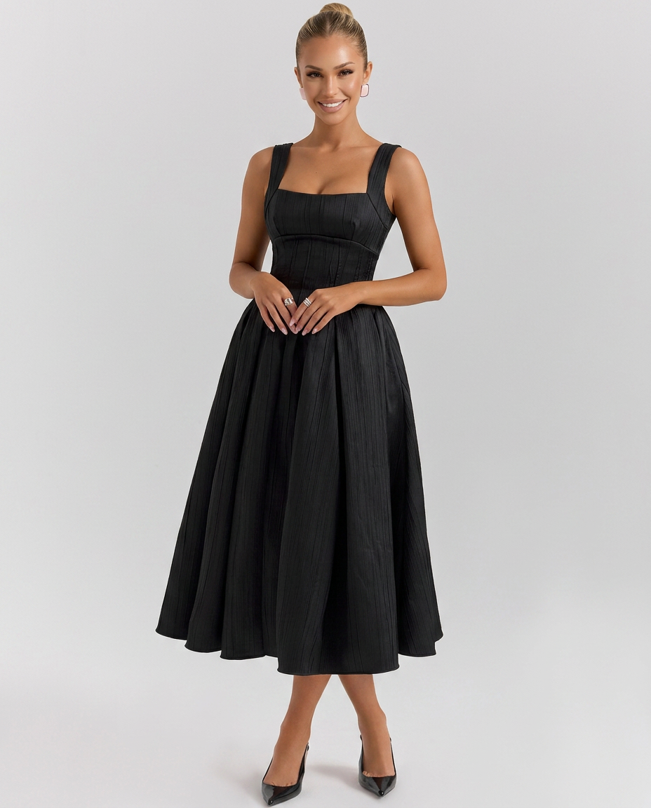 Patsy | Satin-Look Corset Midi Dress with Pleated Skirt