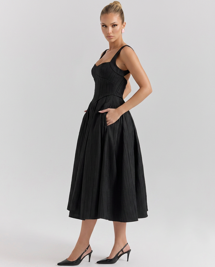 Patsy | Satin-Look Corset Midi Dress with Pleated Skirt
