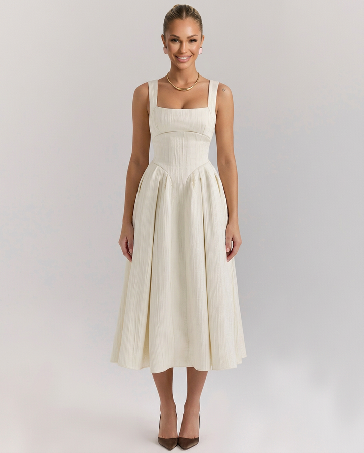 Patsy | Satin-Look Corset Midi Dress with Pleated Skirt