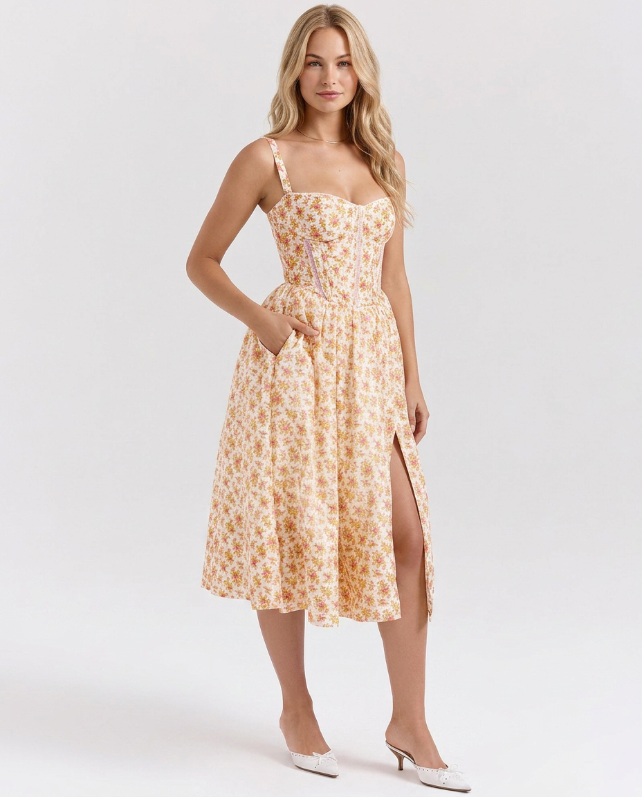 Wendi | Floral Print Corset Midi Sundress