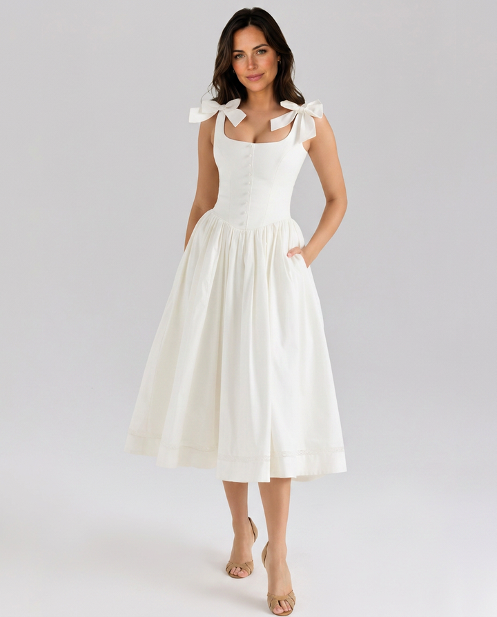 Saundra | Bow Strap Midi Dress with Gathered Skirt