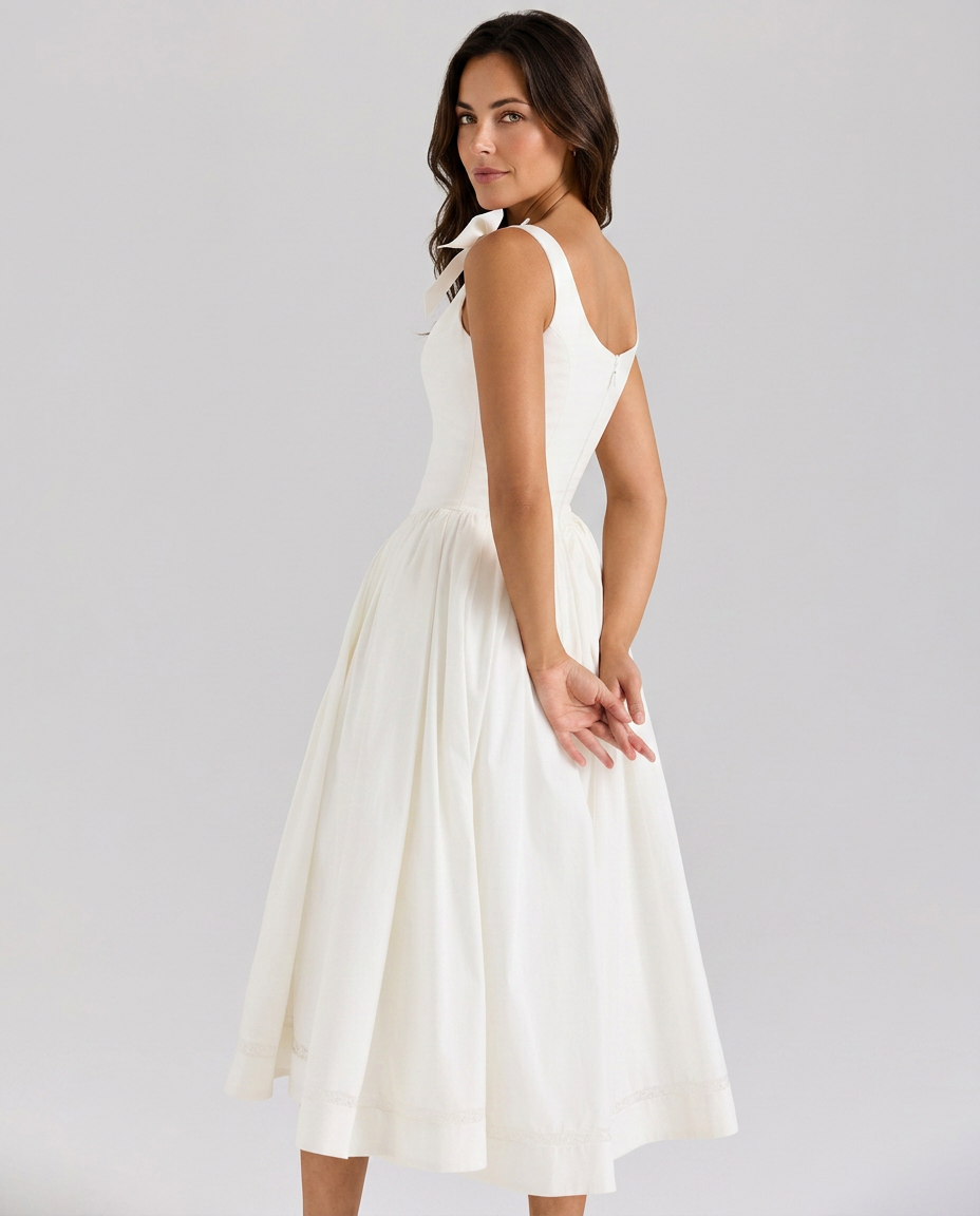 Saundra | Bow Strap Midi Dress with Gathered Skirt