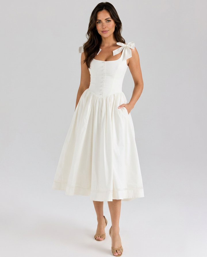 Saundra | Bow Strap Midi Dress with Gathered Skirt