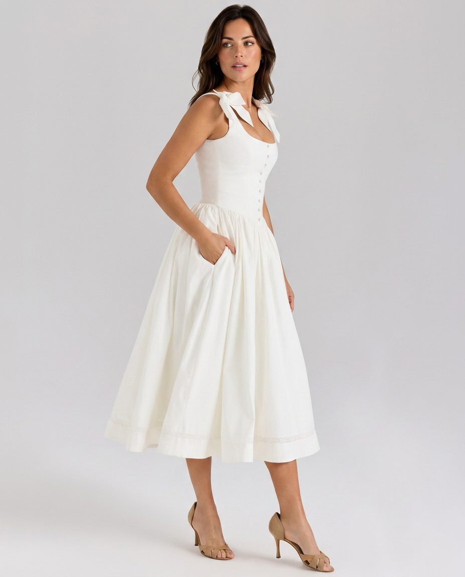 Saundra | Bow Strap Midi Dress with Gathered Skirt