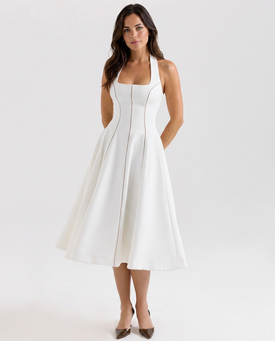 Carmella | Halter Neck Midi Dress with Ladder Trim